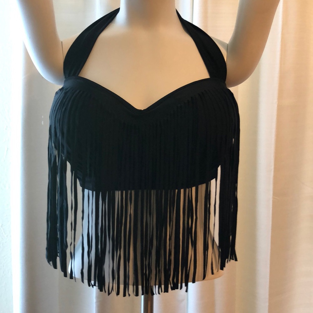Black Swim Top With Long Fringe XXXL Underwire